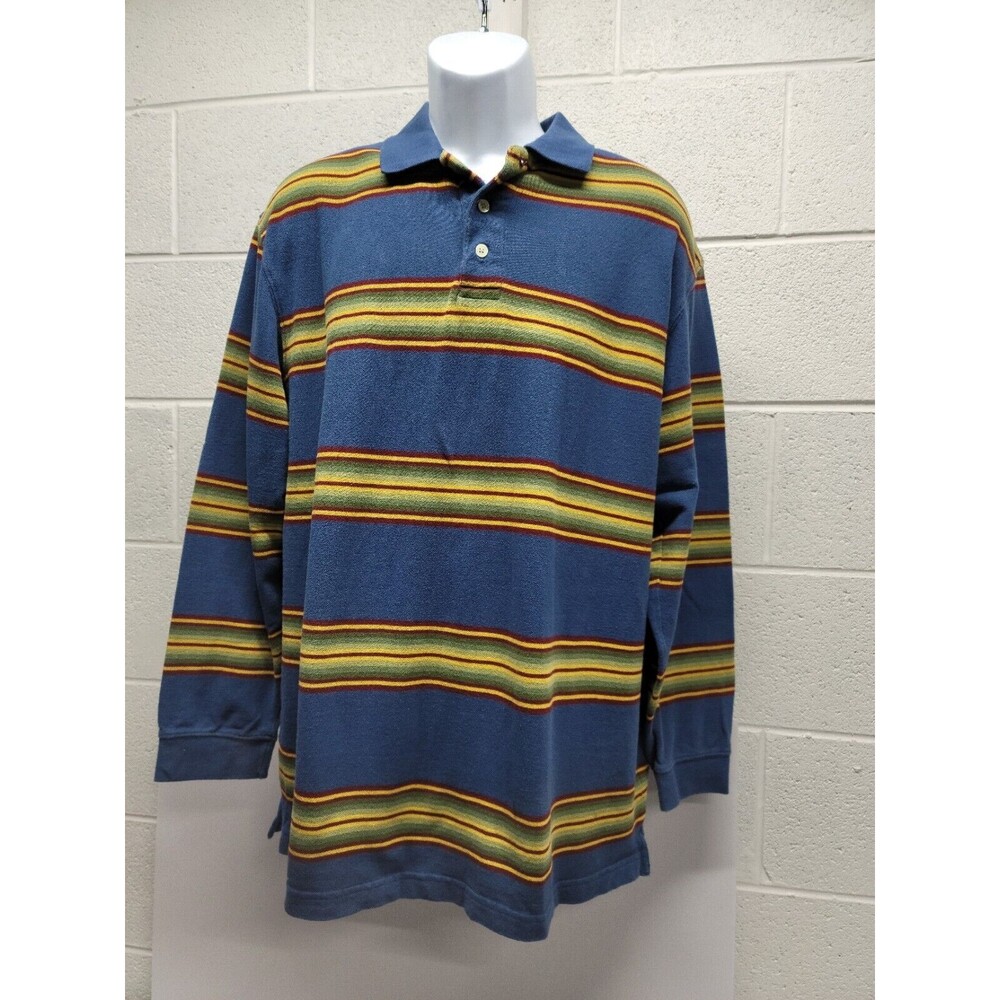 Sun River Polo Shirt Mens L Blue Green Yellow Red Striped Long Sleeve